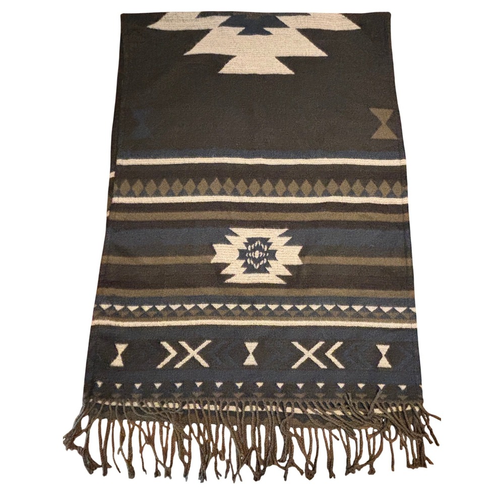 Southwest Geometric Thin Fleece Fringed Scarf Wrap Black Blue Olive 40x28